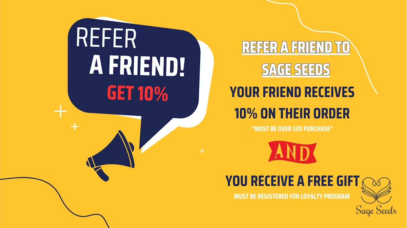 Refer a friend promotion graphic for Sage Seeds dispensary, featuring bold text stating "Refer A Friend! Get 10%" with details on discounts for both the referrer and the referred, on a bright yellow background.