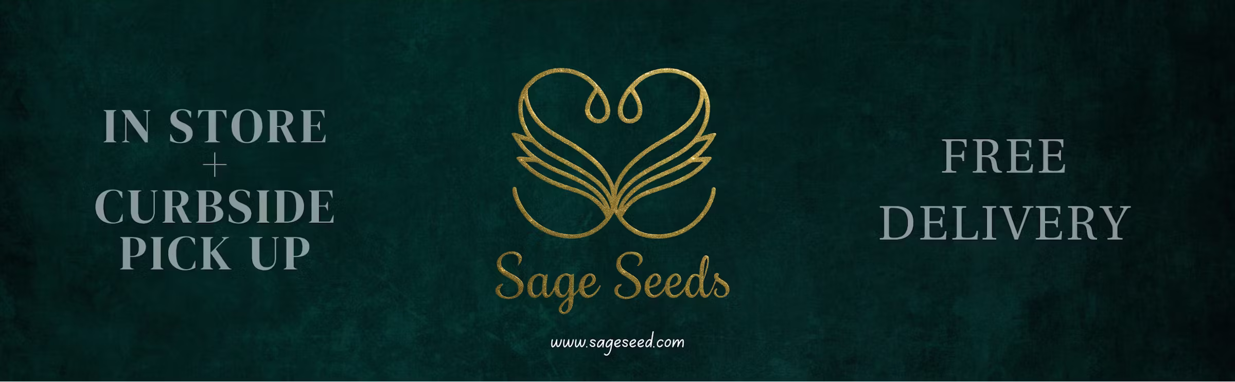 Sage Seeds logo with text promoting in-store, curbside pickup, and free delivery for cannabis products in Bellerose, NY.