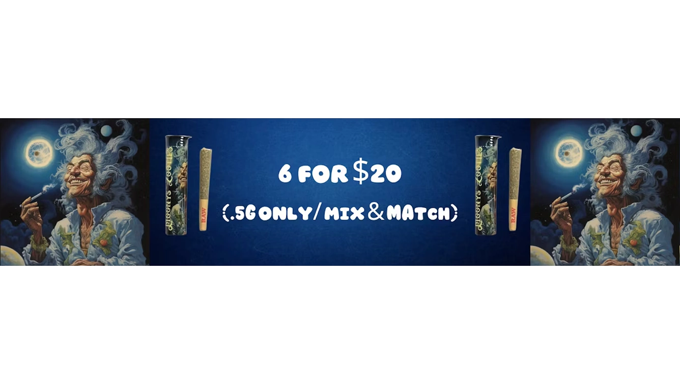 Promotional graphic for cannabis pre-rolls featuring a whimsical character, text "6 FOR $20 (.5G ONLY/MIX & MATCH)," and pre-roll packaging from Sage Seeds Dispensary in Bellerose, NY.