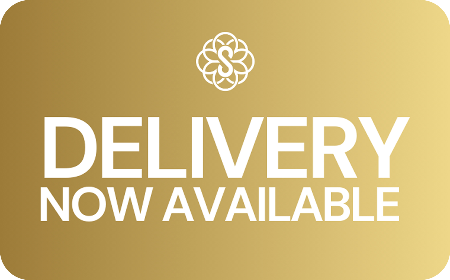 Gold background sign with white text stating "DELIVERY NOW AVAILABLE," promoting cannabis delivery services at Sage Seeds dispensary in Bellerose, New York.