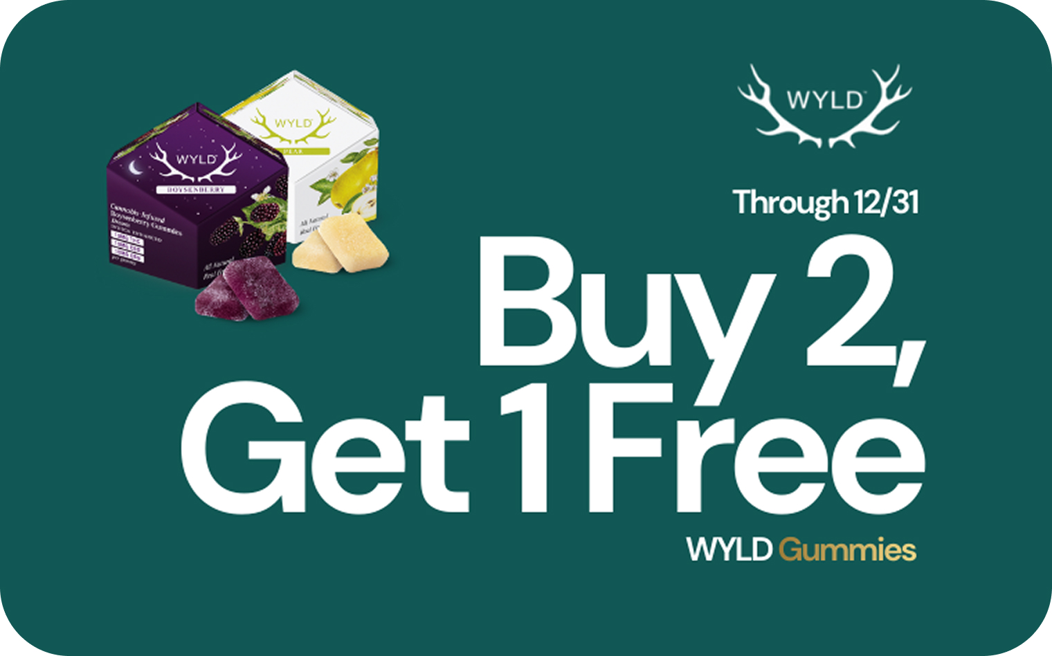 WYLD cannabis gummies promotion featuring two colorful boxes, highlighting "Buy 2, Get 1 Free" offer, set against a green background, relevant to Sage Seeds dispensary's product offerings in Bellerose, New York.