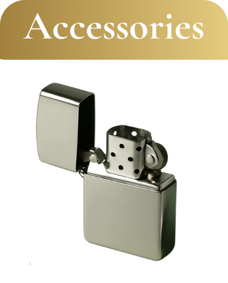 Accessories for cannabis use, featuring a sleek metallic lighter with an open lid, labeled "Accessories" in bold gold text at the top.
