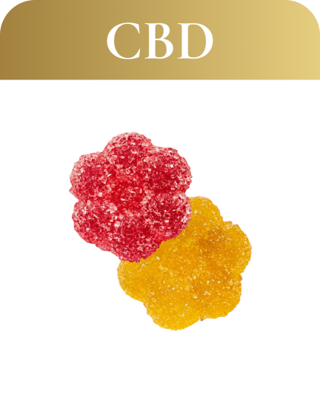 CBD gummy candies in red and yellow flower shapes, featured prominently for cannabis product offerings at Sage Seeds dispensary.