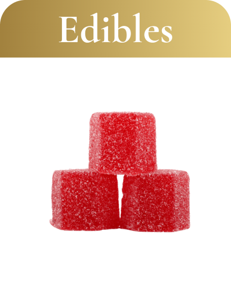 Red cannabis gummies stacked, labeled "Edibles," representing cannabis products available at Sage Seeds dispensary in Bellerose, NY.