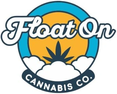 Float On Cannabis Co. logo featuring stylized text, sun, and cannabis leaf, relevant to Sage Seeds NY's premium cannabis offerings.